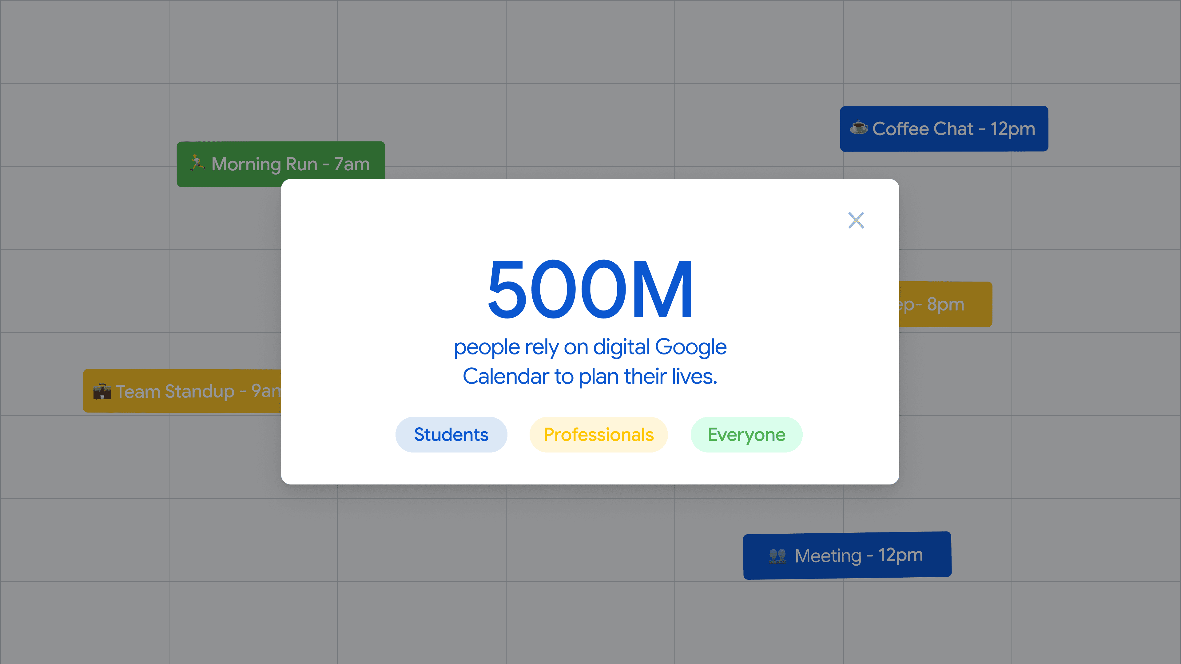 Slide stating 500 million people rely on Google Calendar, over a calendar with events like Morning Run and Coffee Chat
