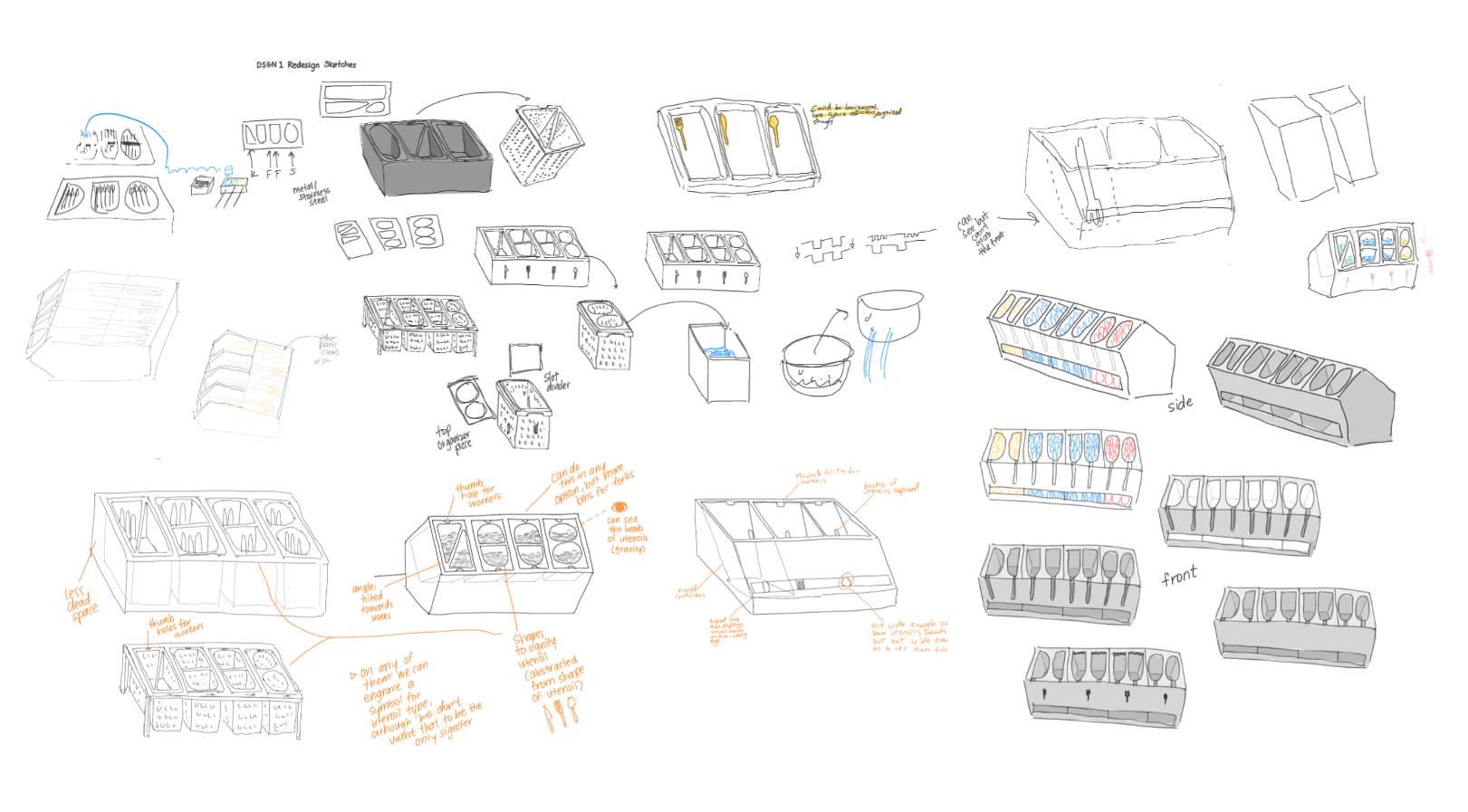 Sketch sheet of caddy concepts, from shaped bins and colored utensils to the tilted caddy with a front slit.
