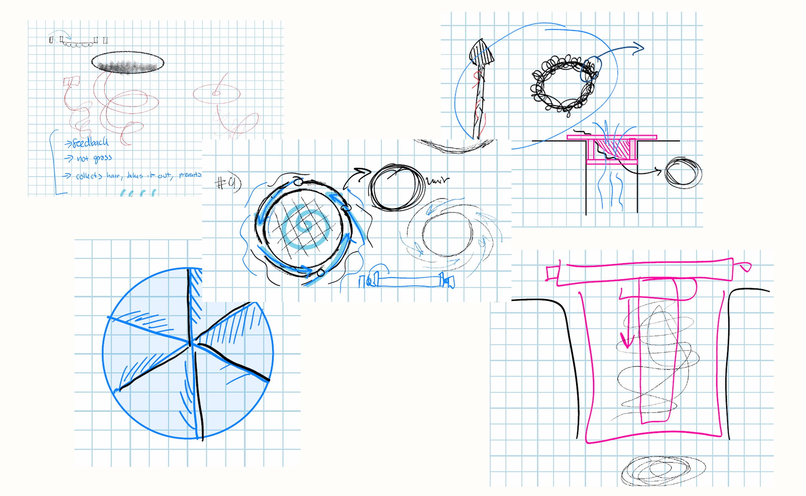 Early sketches of drain ideas: a spiral, a spinning catcher, and a trap door