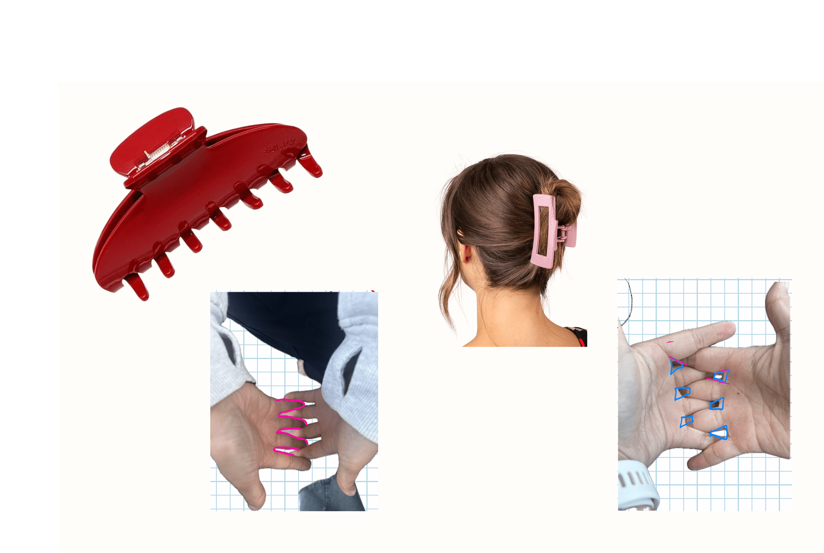 Reference photos of claw clips and hands, the motion that led to the silicone forks