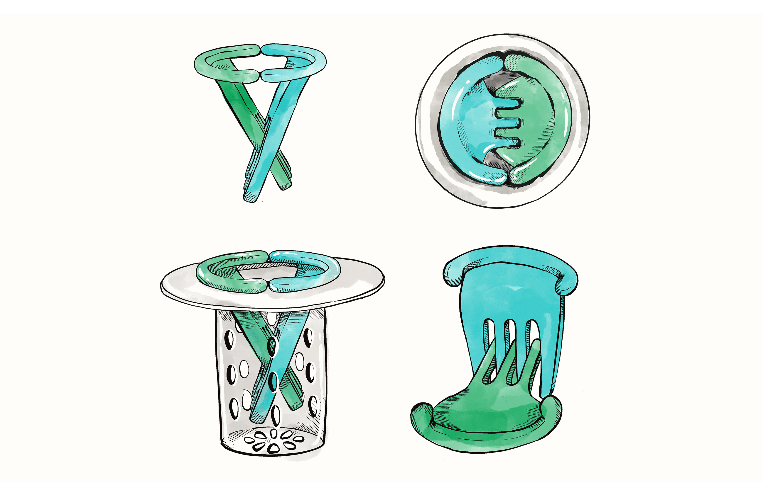Sketches of the crossed forks, the top view in the drain, the cup, and the scraping motion
