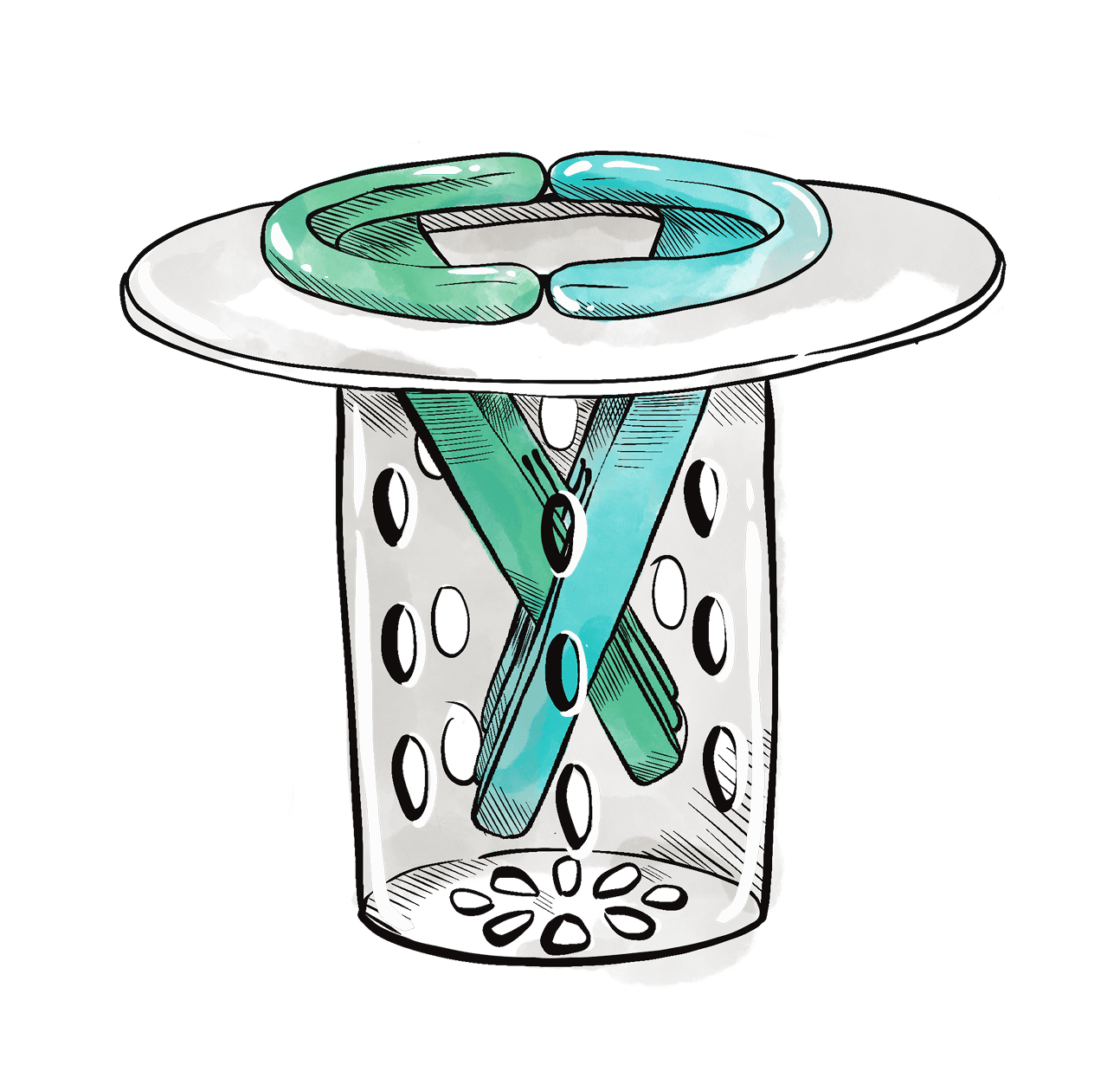 Illustration of Helping Hands: green and teal silicone forks crossed inside a perforated drain cup